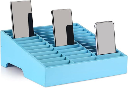 Wooden 36-Grid Cell Phones Storage Box Desktop Mobile Phone Holder Organizer for Office School Classroom (36-Grid Blue)