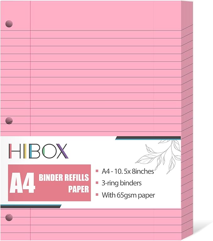HIBOX 100 Sheets Lined Loose Leaf Paper, Pink 3 Holes Ruled Binder Refill Paper Filler Paper for Women Girls Writing Work Meeting Note Taking
