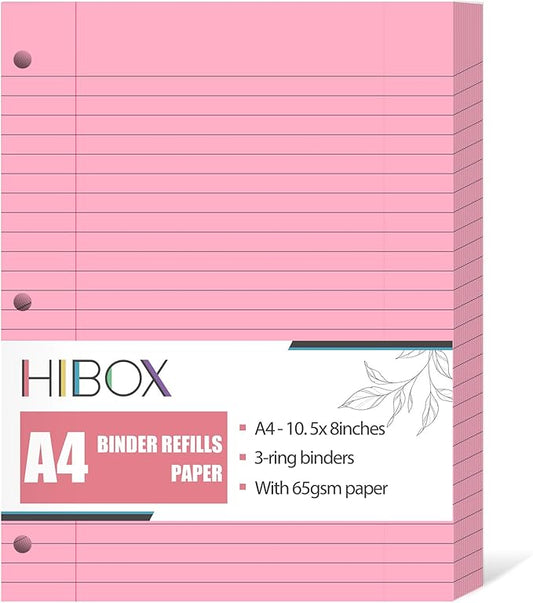 HIBOX 100 Sheets Lined Loose Leaf Paper, Pink 3 Holes Ruled Binder Refill Paper Filler Paper for Women Girls Writing Work Meeting Note Taking