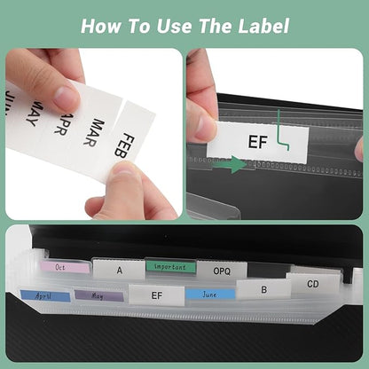 2 PCS Expanding File Folder A4,13 Pockets File Organiser with Colored Tags, Paperwork A4 Plastic Wallet Document Storage Expander for School,Office and Home, Black