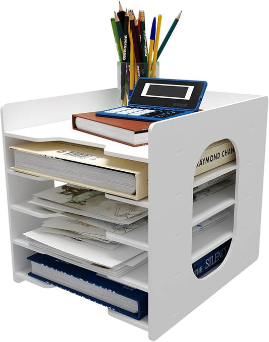 Natwind 5 Tiers Paper Organizer for Desk Desktop White File Holder Office Desk Organizer Mail Letter Tray & Paper Sorter Document Notebooks Storage Rack for Home Office School Classroom