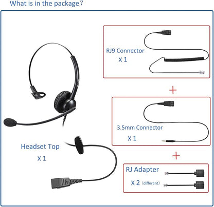 Telephone Headset with Noise Canceling Microphone, Mono Office Call Center Headset with RJ9 & 3.5mm Jack for Landline Deskphone Cell Phone PC Laptop, Work for Mitel Aastra Toshiba NEC Shoretel