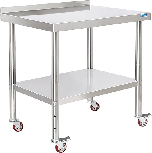 Stainless Steel Table for Prep & Work with 4 Caster Wheels with Backsplash 24 x 30 NSF Metal Commercial Kitchen Adjustable Under Shelf Worktable for Restaurant Home Outdoor