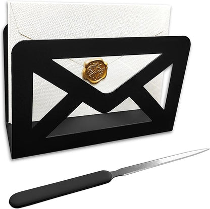 Black Metal Mail Holder, Countertop Letter Organizer with Letter Opener, Office Desktop Envelope Rack, Tabletop Document Stand (Sign)
