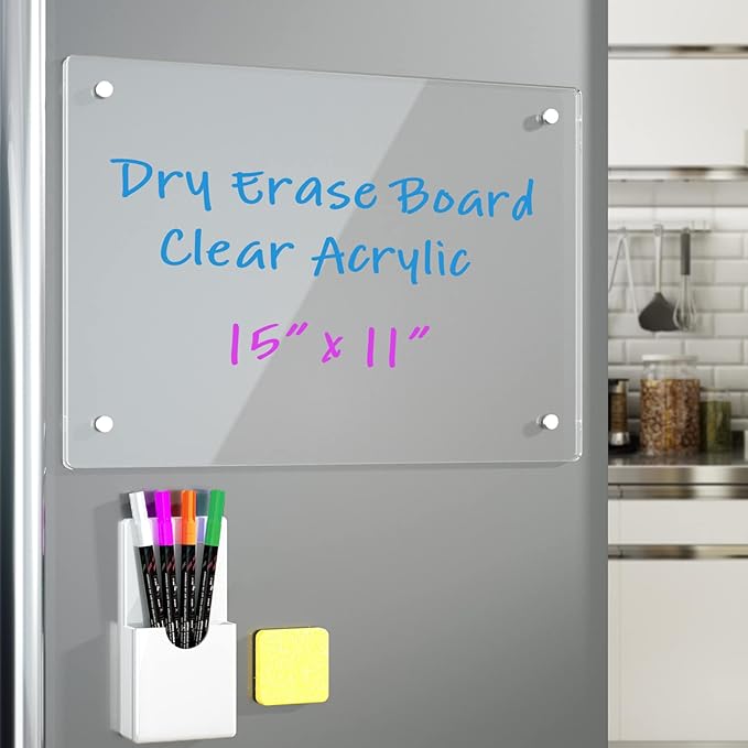 Acrylic Note Board Refrigerator Dry Erase Board Magnetic Clear 15”x11 Includes 4 Dry Erase Markers