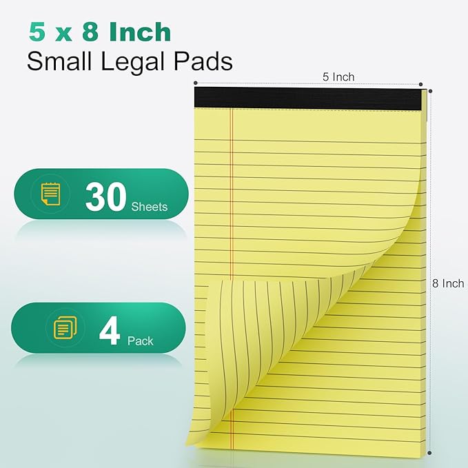 Legal Pads 5×8 Inch, 4 Pack, Narrow Ruled, 5x8 Yellow Legal Pad, Mini Double-Sided Printing Notepad Perforated Note Pads 5x8" Lined Paper, Lined Writing Pads for Office Home School, 30 Sheet/Pad