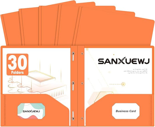 30 Pack Two Pocket Folders Business Card Holder Plastic Folders with Prongs for School Office Filing Cabinet Resume Portfolio (Orange)
