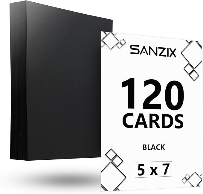 SANZIX 120 Sheets Black Cardstock 5" x 7" - 80 Lbs 220 GSM | Heavyweight Thick Paper Black Cardstock 5x7 | Perfect 5x7 Black Cardstock Printer Paper for Menus, DIY Cards, Invitations & Postcards