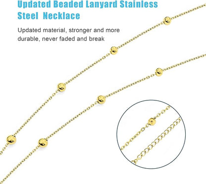 Retractable Badge Reel Lanyard with 2 Pieces ID Holder for Women, Fashion Beaded Chain Premium Stainless Steel Lanyard Necklace Water Resistant Name Badge Holder (Gold)