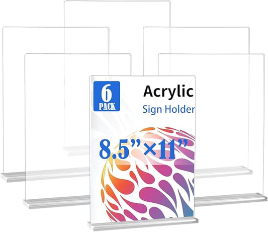 6 Pack Acrylic Sign Holder 8.5 X 11, Vertical T Shape Clear Plastic Sign Holder, Double Sided Clear Display Stand Table Top Sign Paper Holder, Sign Holder Suitable for Office, Store, Restaurant