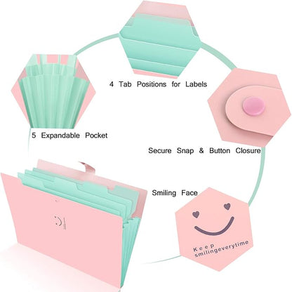 SKYDUE Expanding File Folder 5 Pockets, Skydue Letter A4 Paper Accordion Document Organizer (Pink)