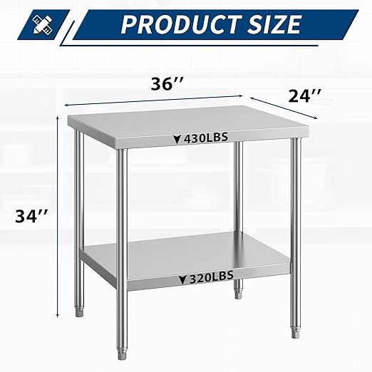 Stainless Steel Table for Prep & Work 24 x 36 Inches, NSF Commercial Heavy Duty Food Prep Worktable with Undershelf for Restaurant, Home and Hotel Christmas Preparation Table