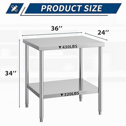 Stainless Steel Table for Prep & Work 24 x 36 Inches, NSF Commercial Heavy Duty Food Prep Worktable with Undershelf for Restaurant, Home and Hotel Christmas Preparation Table