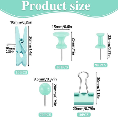 BESARME 200 Pieces Push Pins Set, 5 Types Green Thumb Tacks Cute Decorative Push Pins for Wall Cork Board Bulletin Boards with Storage Box