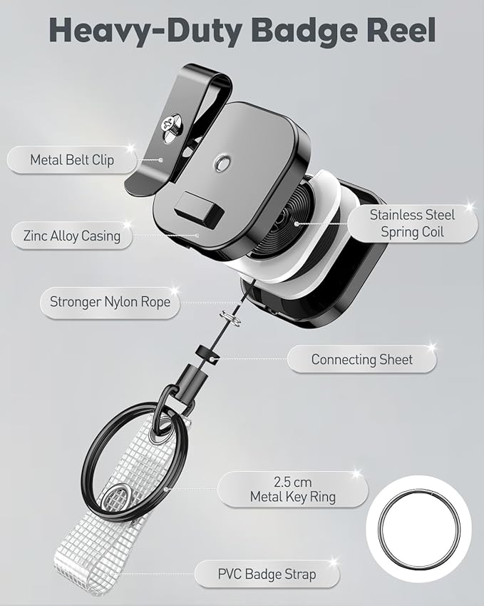 Uniclife 2 Pack Metal Retractable Keychain Heavy Duty Retractable Badge Reel for Badge Holder All Metal Casing with Stainless Steel Spring Coil 23.6 Inch Nylon Rope Belt Clip and Key Ring