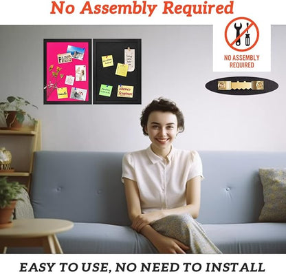 Cork Board Bulletin Board Wood Framed Display with Felt, Pin Board for Jewelry, Notes, Memos, Photos, Home, Kitchen, Office, School, Wall, 15"x11", Wood Framed(Black) & Felt(Pink)