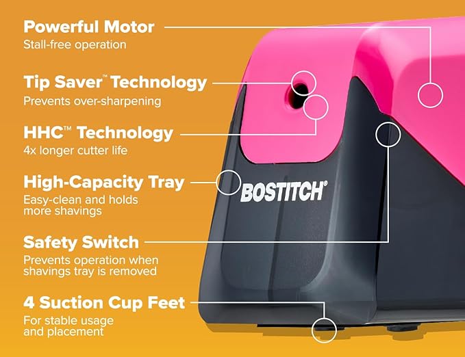Bostitch Office Battery Pencil Sharpener, 4X Longer Cutter Life, Tip Saver Technology, Pink