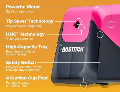 Bostitch Office Battery Pencil Sharpener, 4X Longer Cutter Life, Tip Saver Technology, Pink