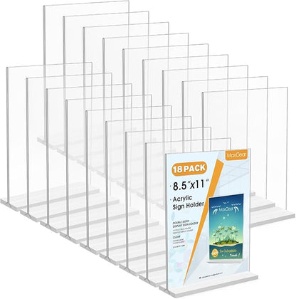 MaxGear 8.5 X 11 Acrylic Sign Holder, 18 Pack Clear Display Stand, Double Sided Paper Holder Acrylic Stand, Plastic Menu Holder Flyer Holder Table Stand for Stores, Restaurants, Hotels, Office