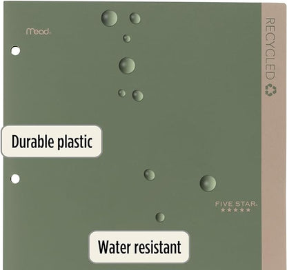 Five Star 2 Pocket Folders, 4 Pack, Recycled Plastic Folders with Stay-Put Tabs and Prong Fasteners, Fits 3-Ring Binder, Holds 11” x 8-1/2” Paper, Writable Label, Clay, Green, Blue, Gray (33002)