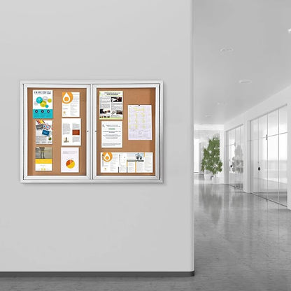 SWANCROWN Weather Resistant Enclosed Bulletin Board Cork Displays Boards Wall Mounted Notice Case with 2 Locking Door