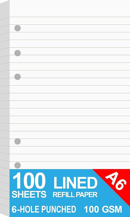 A6 Lined Paper for Filofax Personal Binder Planner, White 100gsm Ruled Pages, 6 Hole Punched, 100 Sheets/200 Pages, 3.75 x 6.75 Inch