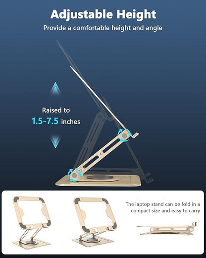 Laptop Stand for Desk,Adjustable Computer Stand with 360 Rotating Base,Ergonomic Laptop Riser Foldable Laptop Mount Protable Computer Stand for Laptop Compatible with MacBook Pro/Air 10-16",Gold
