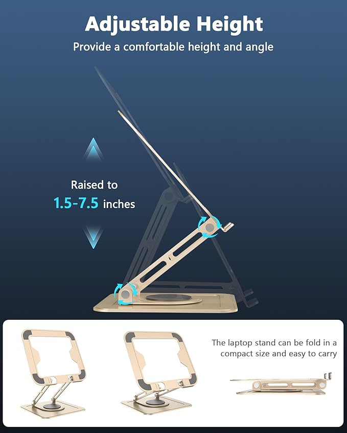 Laptop Stand for Desk,Adjustable Computer Stand with 360 Rotating Base,Ergonomic Laptop Riser Foldable Laptop Mount Protable Computer Stand for Laptop Compatible with MacBook Pro/Air 10-16",Gold
