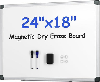 VUSIGN Magnetic White Board Kit for Wall 24" x 18", 1 Dry Eraser & 2 Multicolor Markers & 4 Magnetic Pins, Sliver Reinforced Aluminum Frame for Home, School, Office