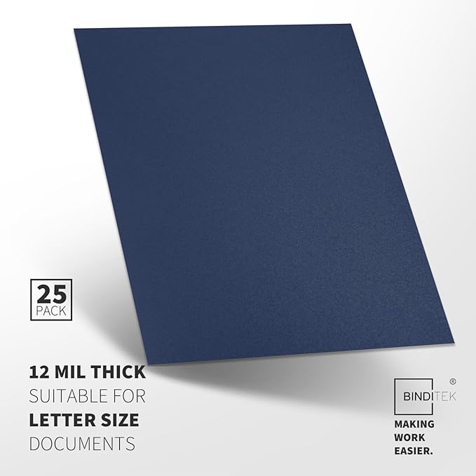 Binditek 25 Pack 12 Mil Sand-Textured Polycover - Plastic Binding Cover for Business Reports and Proposals - Lightly Textured Sand Finish - Square Corners, Un-Punched, Navy Color, Office Supplies