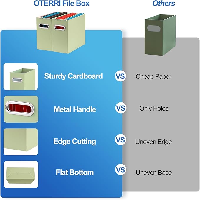 Oterri File Organizer, Small Storage Box, Cardboard File Folder Organizer, Collapsible File Box, Hanging File Organizer for Letter Size, Portable File Box with Handle, Only Box（Green，8 Packs）