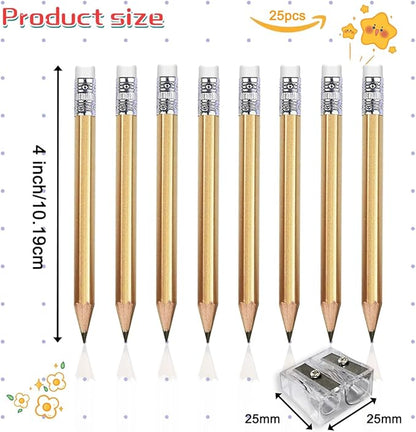Adhere 25pcs Golf Pencils with eraser Hexagon Wooden Pencils Graphite 2B for Golf Event Scoring,Classroom,Wedding,Company Meetings,Pew, Pocket (Gold)