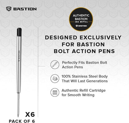 BASTION® Premium Pen Refill, Deeply Pigmented Ink for All Bastion Bolt Action Luxury Pens, Standard Ink Refill with 0.55mm Fine Tip - Black Gel, 6 PCs