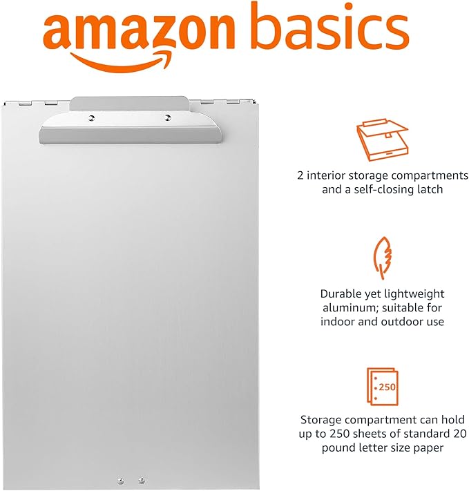 Amazon Basics Metal Clipboard with 2 Compartments and Interior 250 Sheet Paper Storage, 14.09 x 9.21 x 2.6 Inches, letter size, Silver