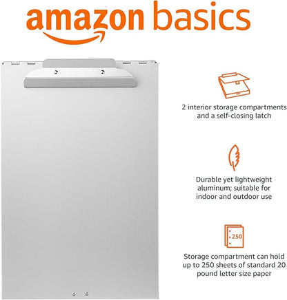 Amazon Basics Metal Clipboard with 2 Compartments and Interior 250 Sheet Paper Storage, 14.09 x 9.21 x 2.6 Inches, letter size, Silver