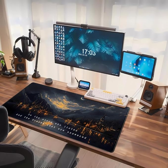 Starry Night Mountain Desk Pad Mat Moon Oil Painting XXL Black Mouse Pad for Gaming Deskpad, Aesthetic Moon and Stars Mousepad Xxl for Laptop Computer Mouse Game Keyboard Mat, 31.5 X 15.8 In