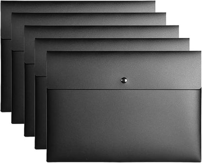 VANRA 5 Pieces A4 Envelopes Folders for Paperwork Plastic Wallets Document Organizer with Snap Button Closure A4 Letter Size (Black)