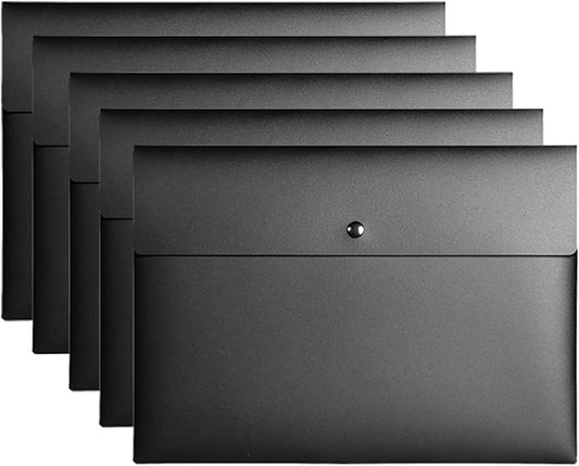 VANRA 5 Pieces A4 Envelopes Folders for Paperwork Plastic Wallets Document Organizer with Snap Button Closure A4 Letter Size (Black)