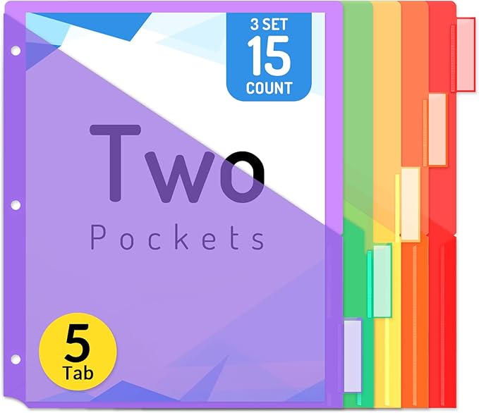 Forvencer 15 Count Dividers with Pockets, 5 Tab Dividers for 3 Ring Binder with Pockets, Subject Dividers with Pockets, Premium Quality Notebook Dividers with Pockets, Multicolor, 3 Sets