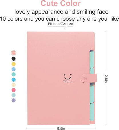 Forvencer Accordion File Organizer, Letter Size, 5 Pocket Expanding File Folder, Cute File Folder with Labels, Portable File Organizer for School Office Supplies, Folders for Documents, Pink