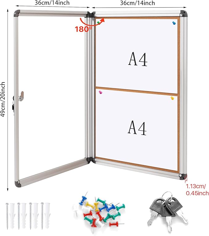 SWANCROWN Enclosed Bulletin Board,Lockable Cork Noticeboard for School Office,Wall Display Case with Lock 20"x14"(2xA4)