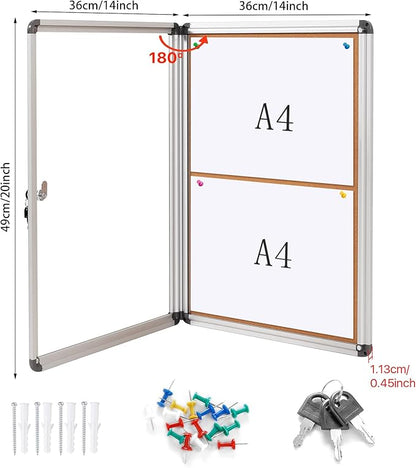 SWANCROWN Enclosed Bulletin Board,Lockable Cork Noticeboard for School Office,Wall Display Case with Lock 20"x14"(2xA4)