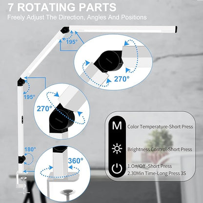 Micomlan LED Desk Lamp for Home Office, Architect Clamp Desk Lamp with Remote Control, Adjustable Swing Arm Clamp on Desk Light Clip-on Dual Light 5 Brightness Levels & 4 CCT Modes Table Light