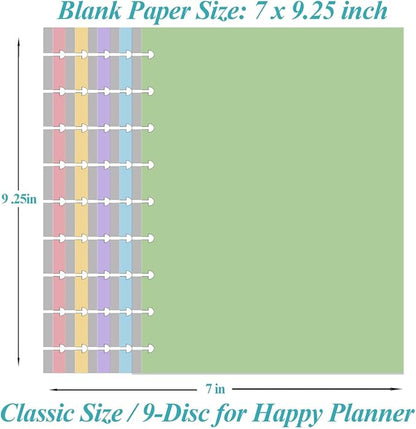 9-Disc Discbound 5 Colorful Blank Paper Pre-punched Happy Planners Inserts, 100Sheets/200Pages Classic Size Blank Loose-Leaf Paper, Per Color 20 Sheets, 7" x 9.25"