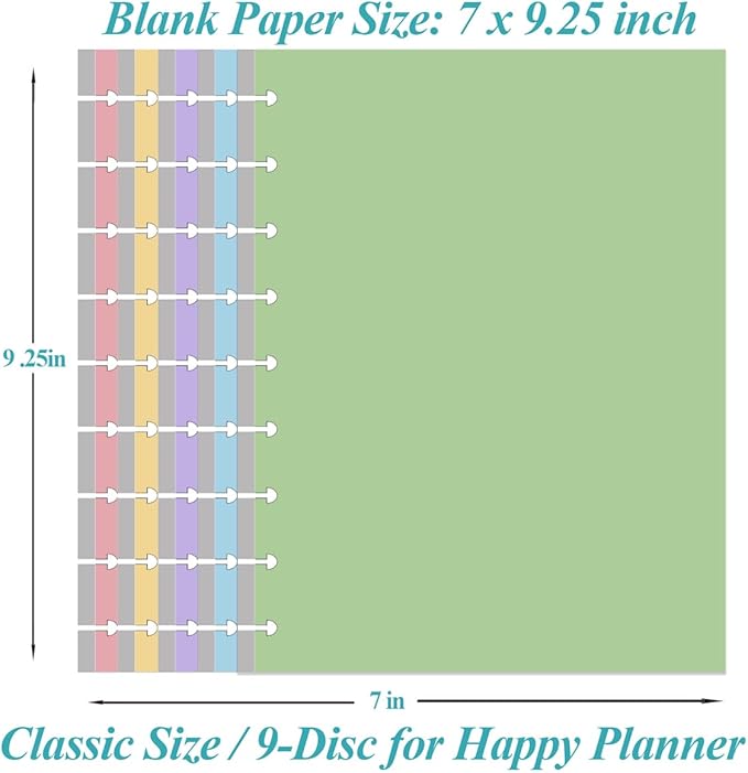 (2-Pack) 9-Disc Discbound 5 Colorful Blank Paper Pre-punched Happy Planners Inserts, 200Sheets/400Pages Classic Size Blank Loose-Leaf Paper, Per Color 40 Sheets, 7" x 9.25"