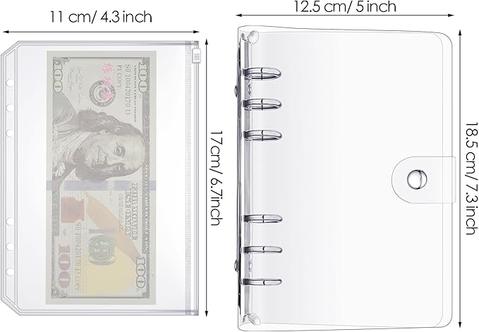 10 Pieces A6 Binder PVC Cover with 2 Pieces Clear PVC Zipper Binder Pockets, Waterproof 6-Ring Budget Binder Envelopes System Budget Planner Organizer for School Office