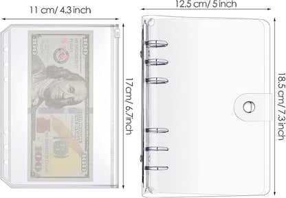 10 Pieces A6 Binder PVC Cover with 2 Pieces Clear PVC Zipper Binder Pockets, Waterproof 6-Ring Budget Binder Envelopes System Budget Planner Organizer for School Office