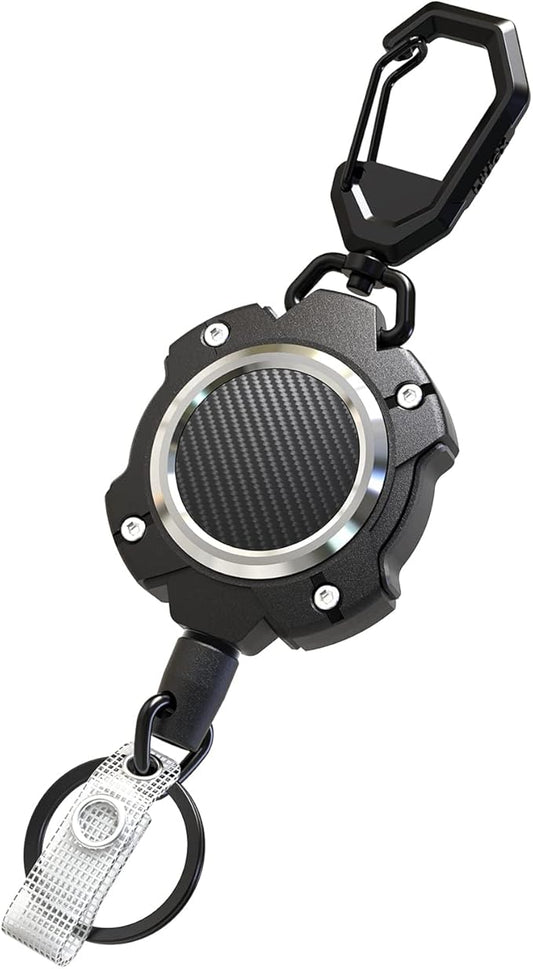 LIUGX Retractable Keychain, Heavy Duty Carabiner Key Chains, 10,000+ Rebound, Impact Resistance Tactical ID Badge Reel with 31.5” Wire Rope and Key Ring, Up to 8oz, Aluminum Ring, Carbon Fiber-Texture