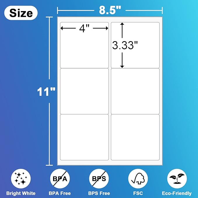 (8164/5164) 6 Up Shipping Address Labels, 3.33" X 4" FBA SKU Barcode Label for Inkjet/Laser Printer (100 Sheets - 600 Labels)