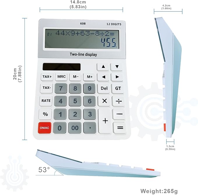 Battery and Solar Unique 120-Step Calculation Check Memory 12 Digit 2 Line and 5.5" LCD Display, Configurable Tax Rate Financial Calculator for Tax Calculations(Only 1 AAA Battery is Needed)